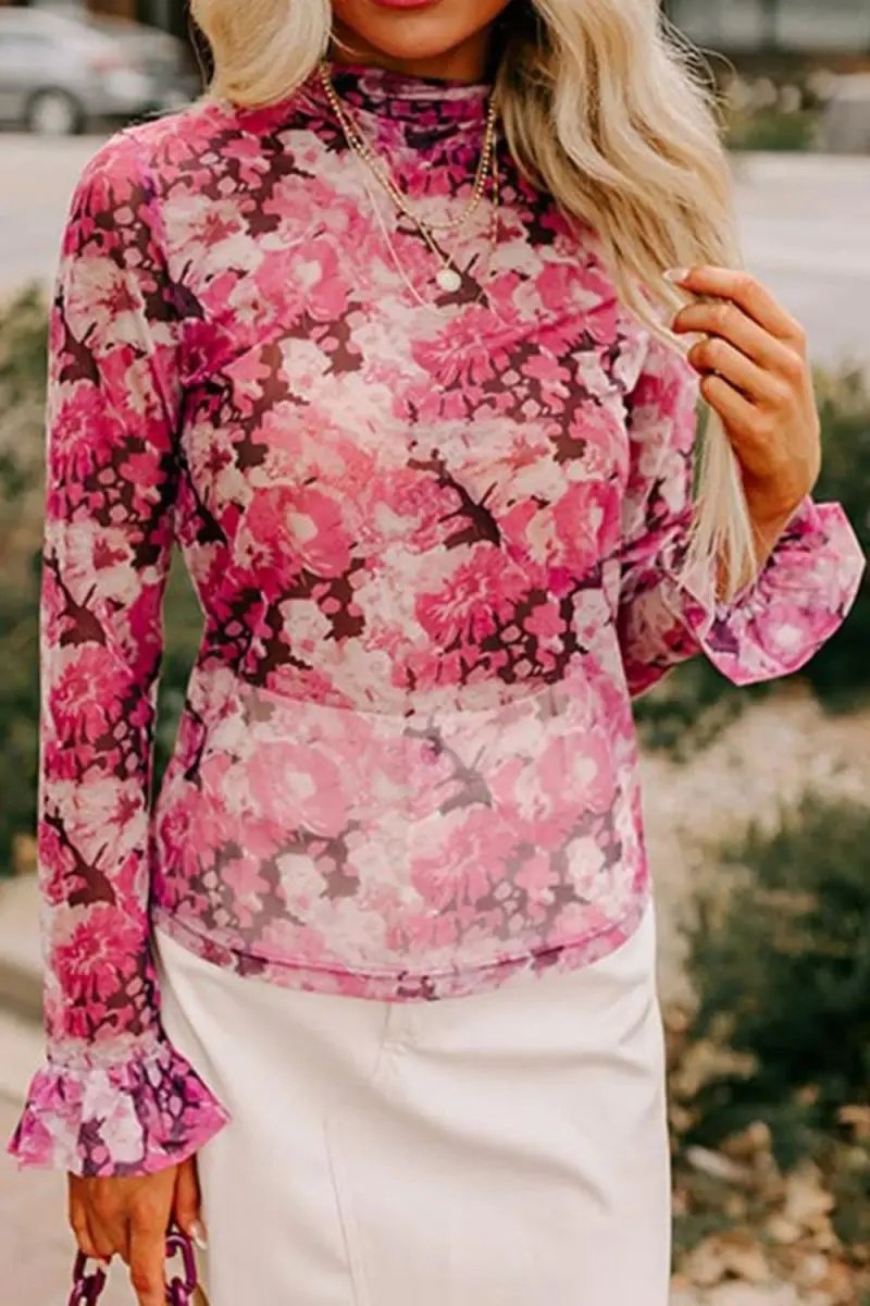 Floral Print Turtleneck Ruffle Sleeve Top - Love Salve